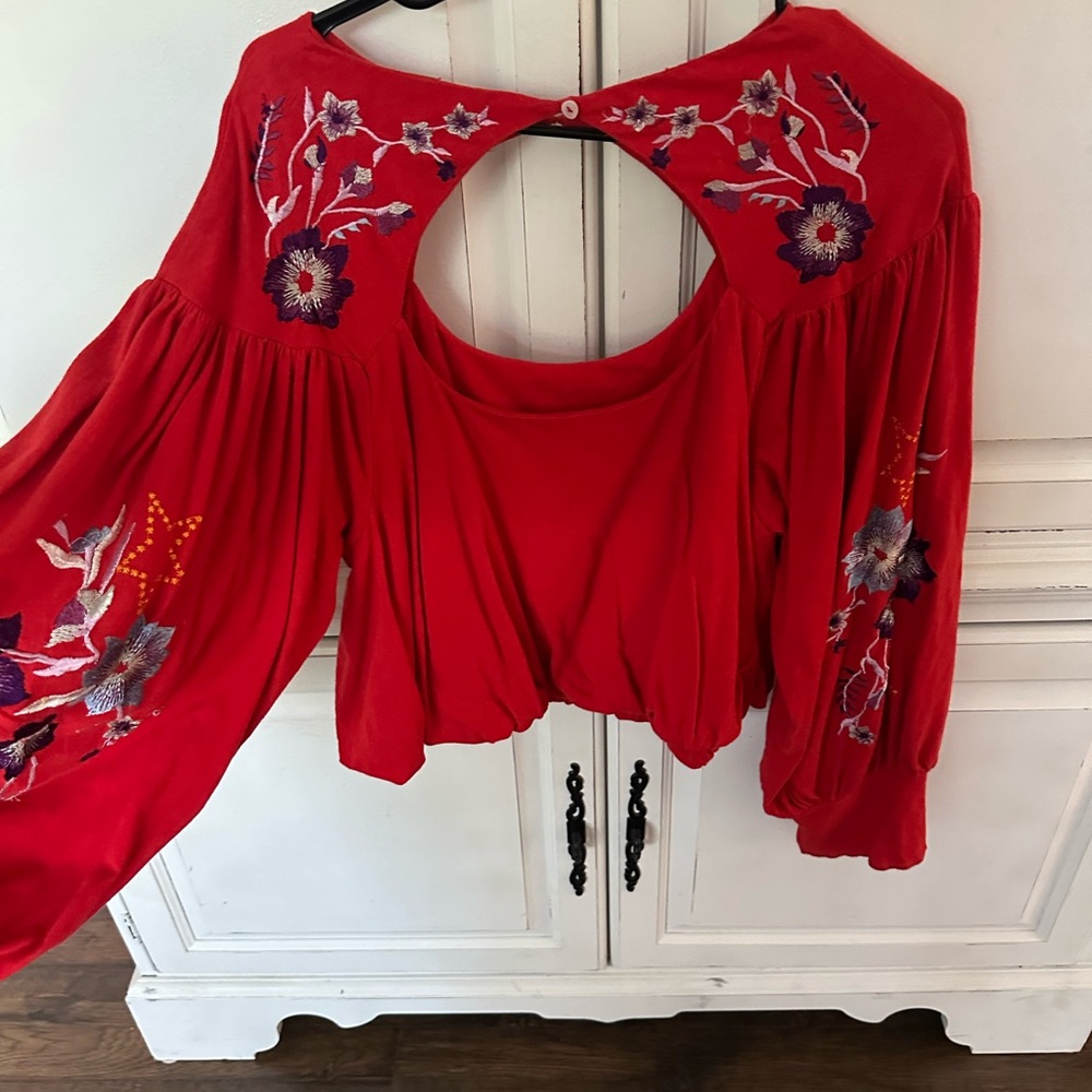 Free People Red Floral Embroidered Blouse